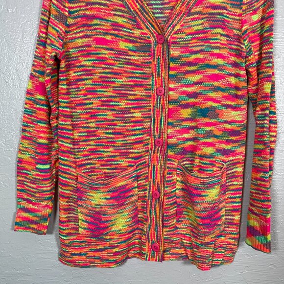LOGO by Lori Goldstein Women XXS Bright Neon Space Dye Button Front Cardigan - Picture 2 of 8